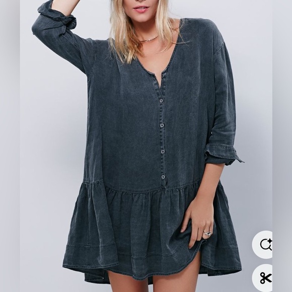 Free People Sz Small Tunic Boho Cotton Mini Dress Ruffle Babydoll Charcoal USA - Picture 1 of 10